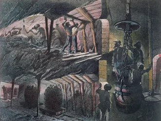 Tværsnit af en kulmine, graveret af Jules Ferat (f. 1819), 1889